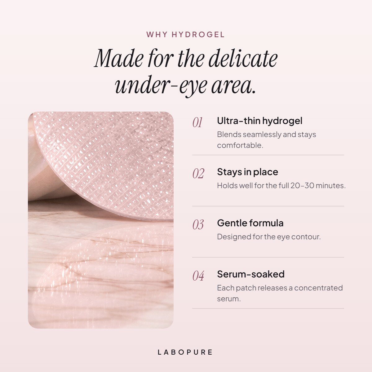 Why hydrogel: ultra-thin, stays in place, gentle, serum-soaked